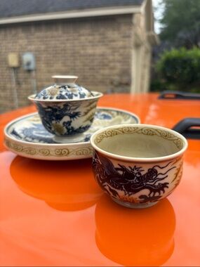Blue and Gold Ceramic Tea Bowl Trio by